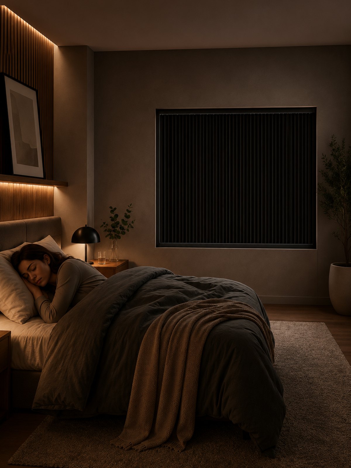 Someone sleeping soundly in a dark bedroom with a Blockout Blind on the window