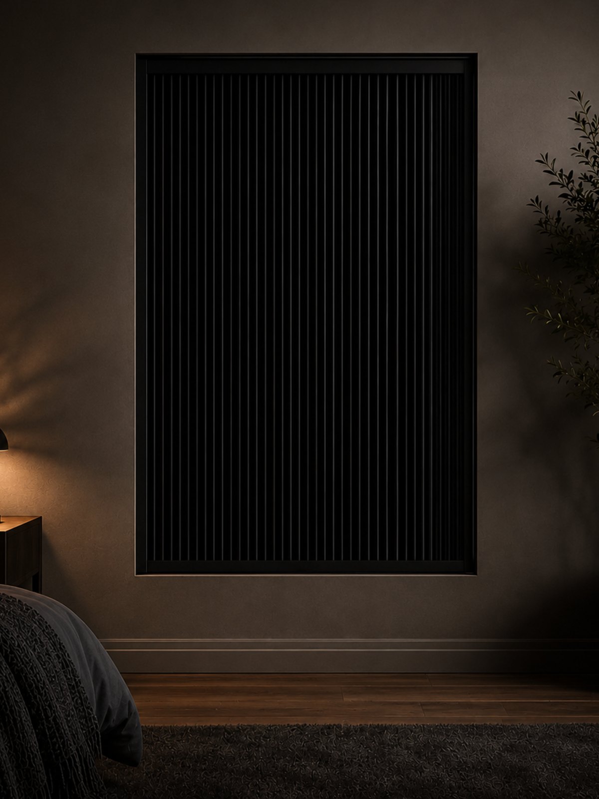 A framed Blockout Blind sealed into a bedroom window for total darkness
