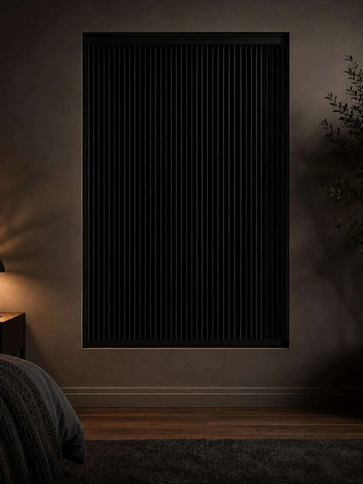 A framed Blockout Blind sealed into a bedroom window for total darkness