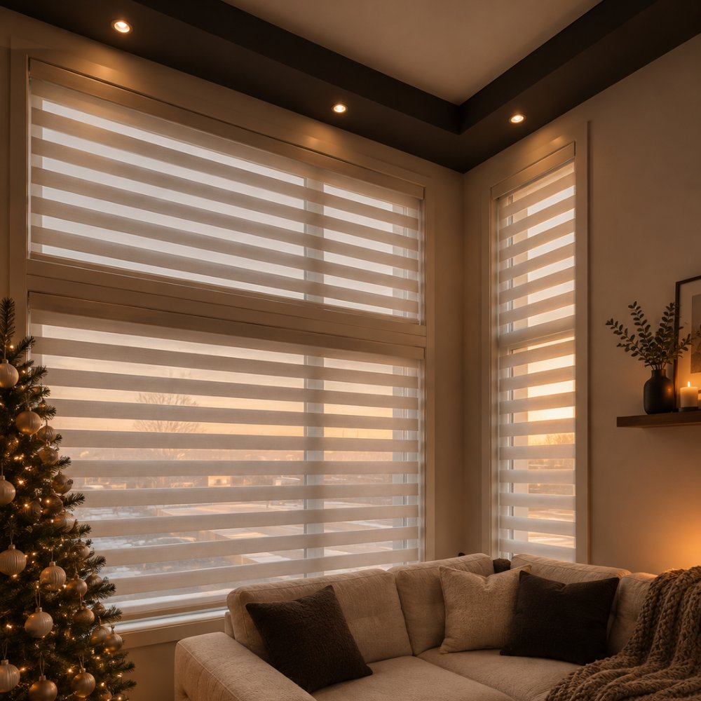 Day and night zebra blinds glowing at dusk
