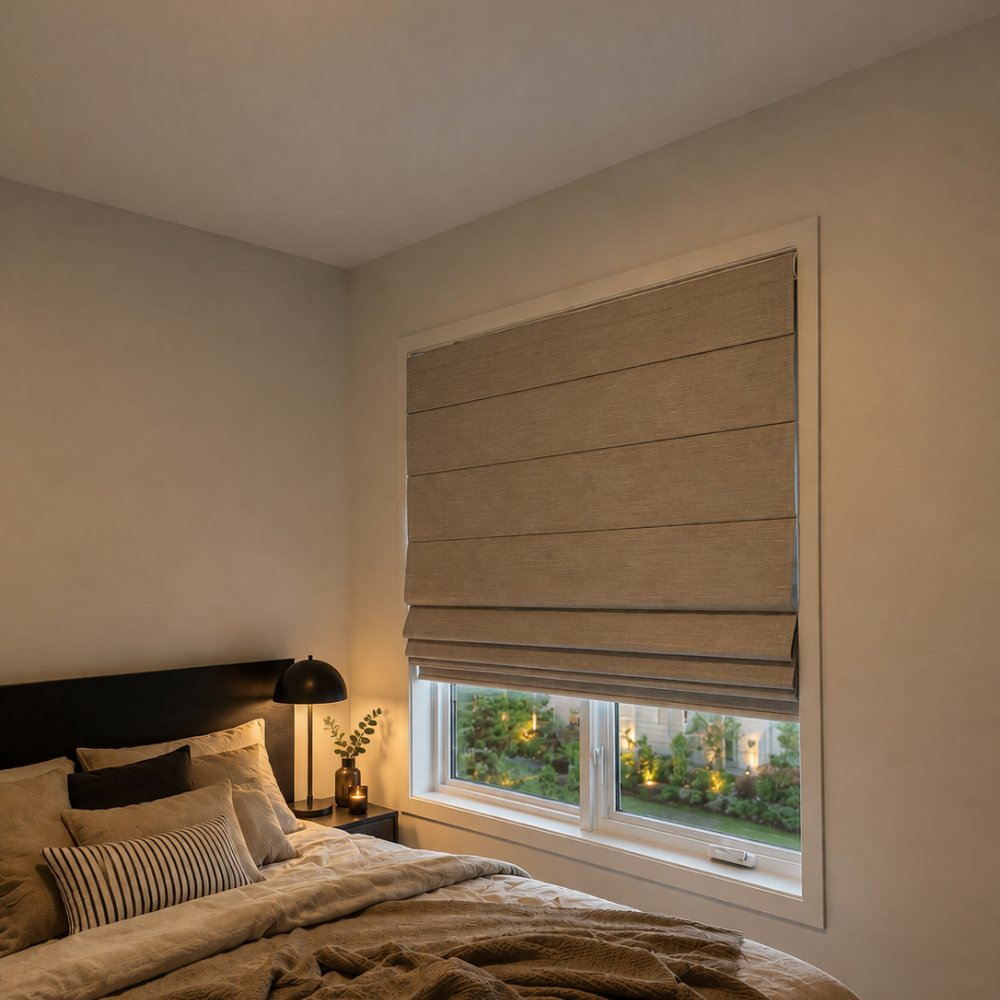 A linen Roman shade in a calm bedroom