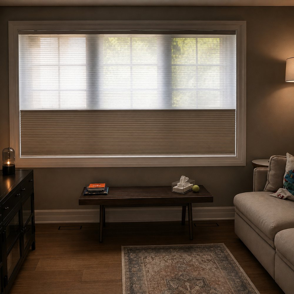 A top-down honeycomb blind over a bench