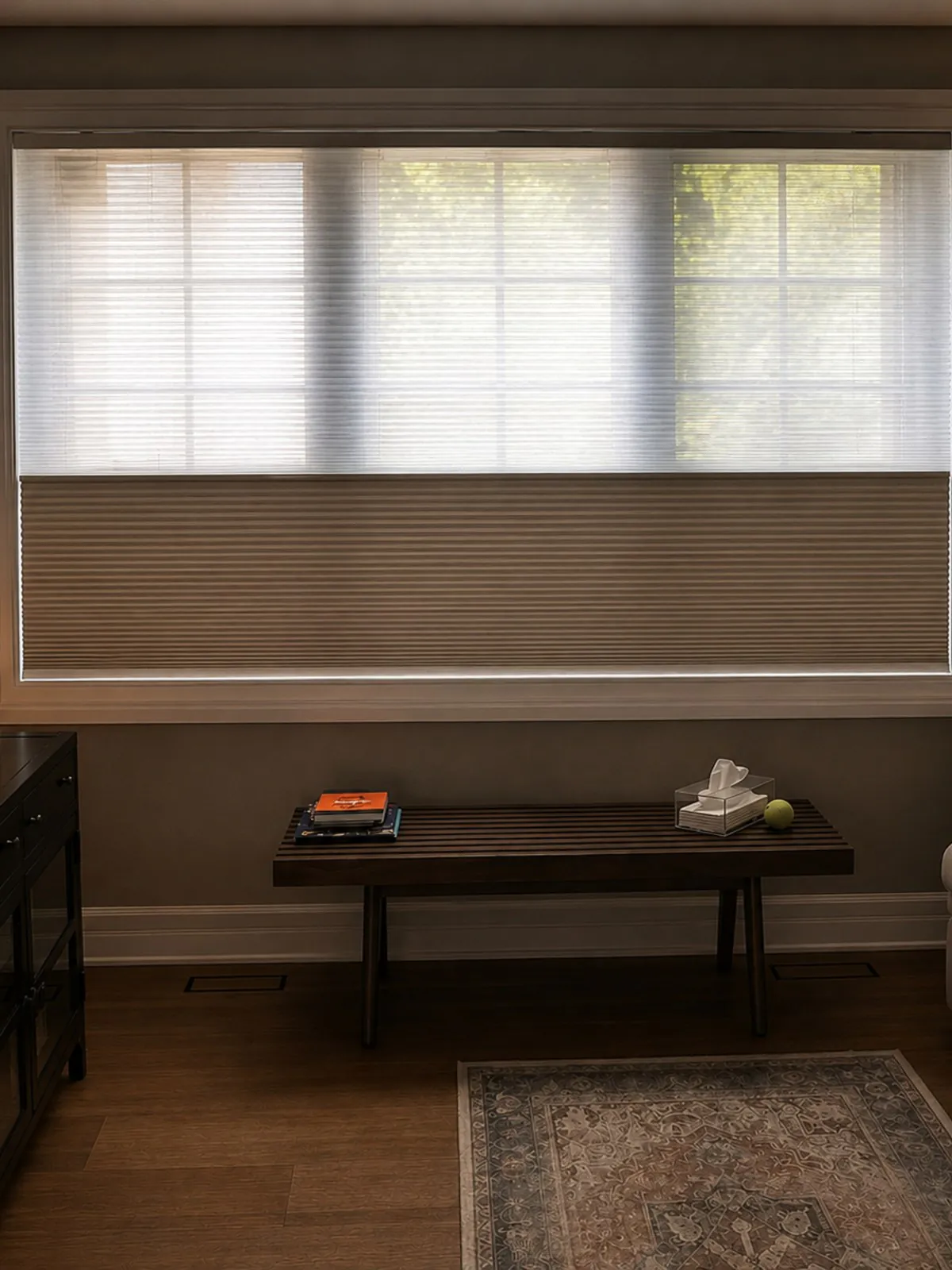 Honeycomb cellular blinds filtering warm daylight through a window