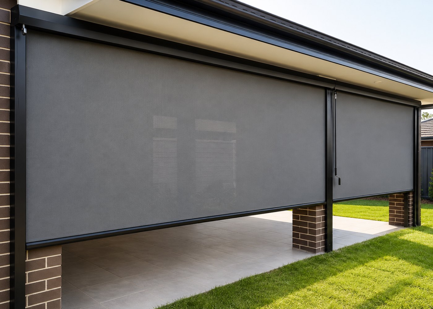 Two heavy-duty outdoor screens fully lowered on a patio, seen from the garden