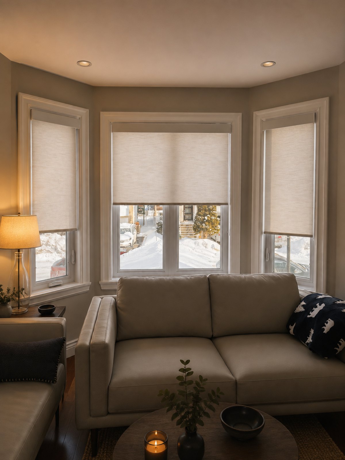 Roller blinds in a Montreal bay window