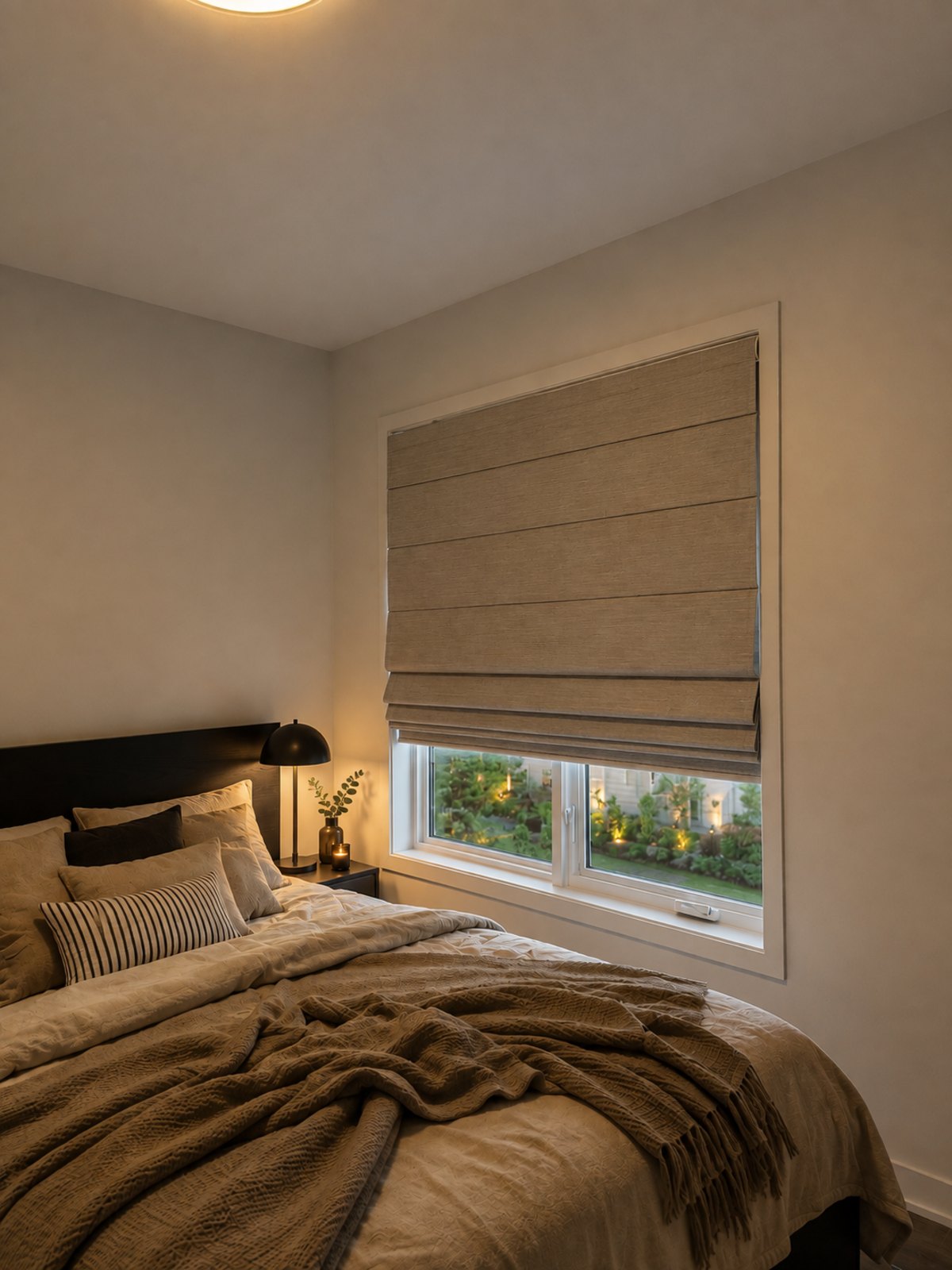 A linen Roman shade half-lowered in a calm bedroom