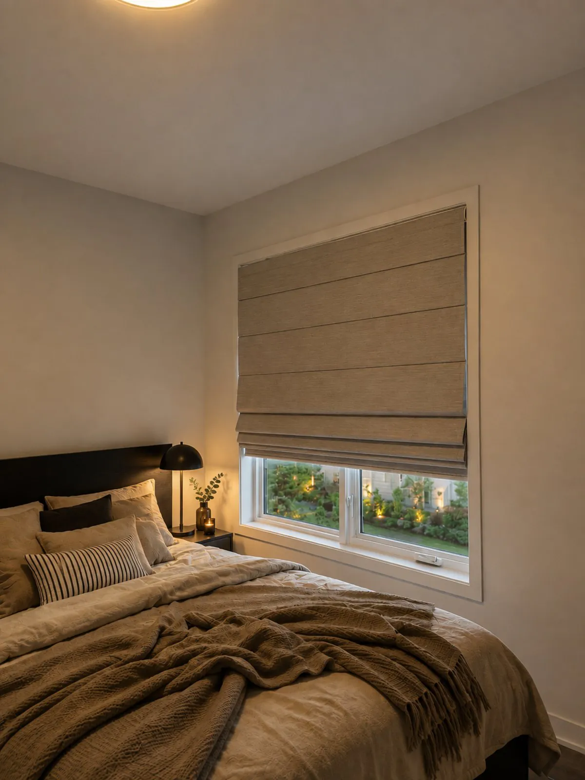 A linen Roman shade half-lowered in a calm bedroom