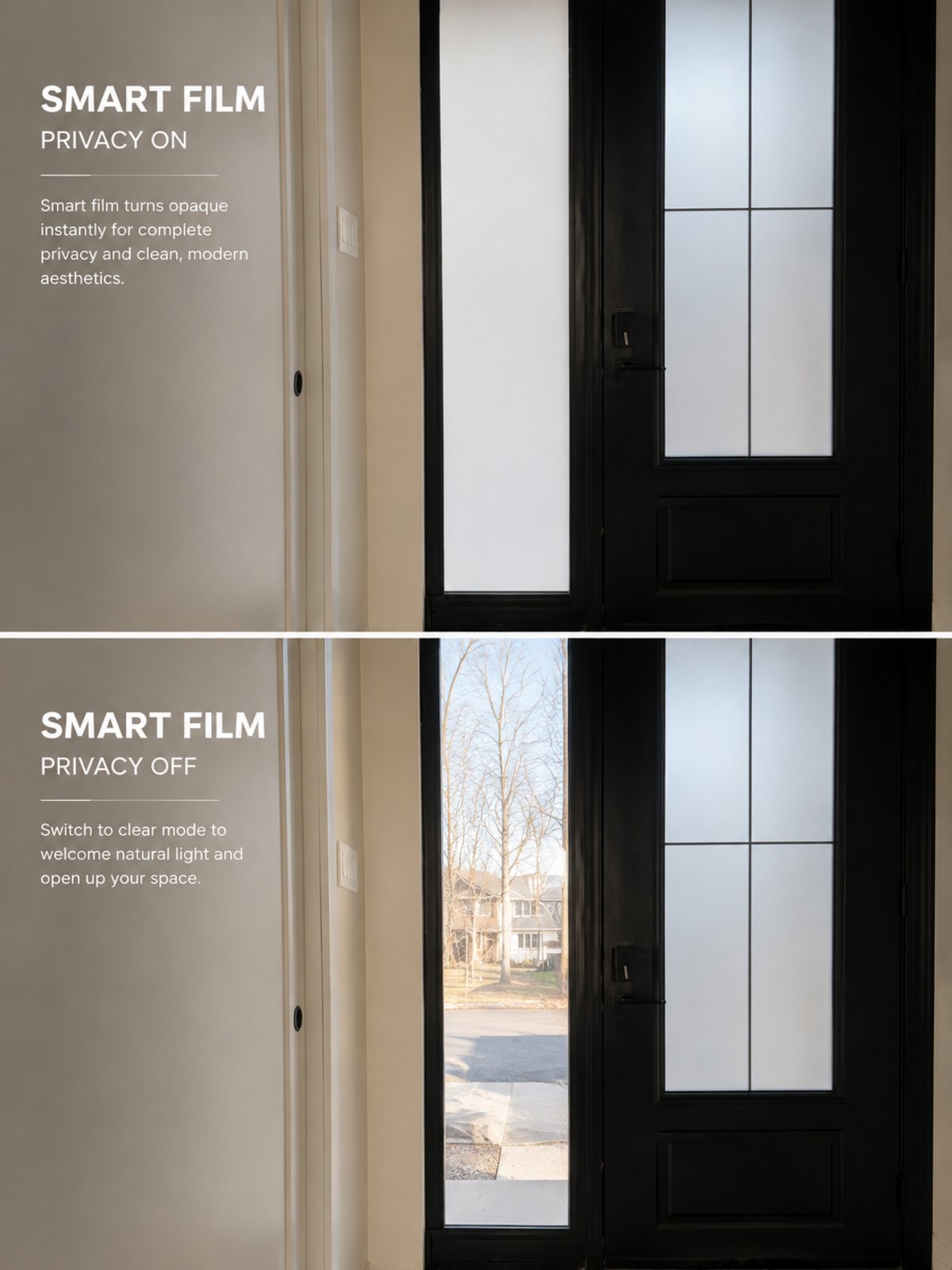 Smart film on a front-door sidelight: frosted with privacy on, and clear with privacy off