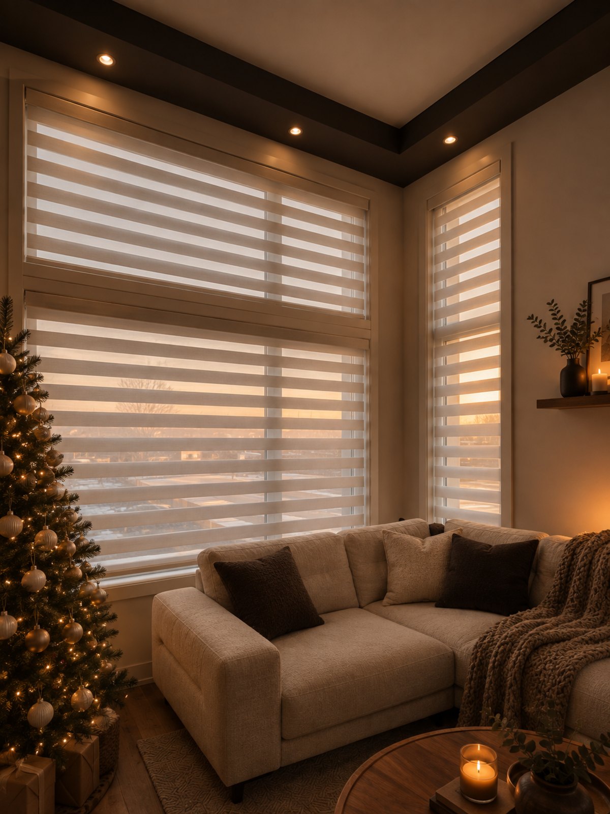 Day and night zebra blinds glowing at dusk in a living room