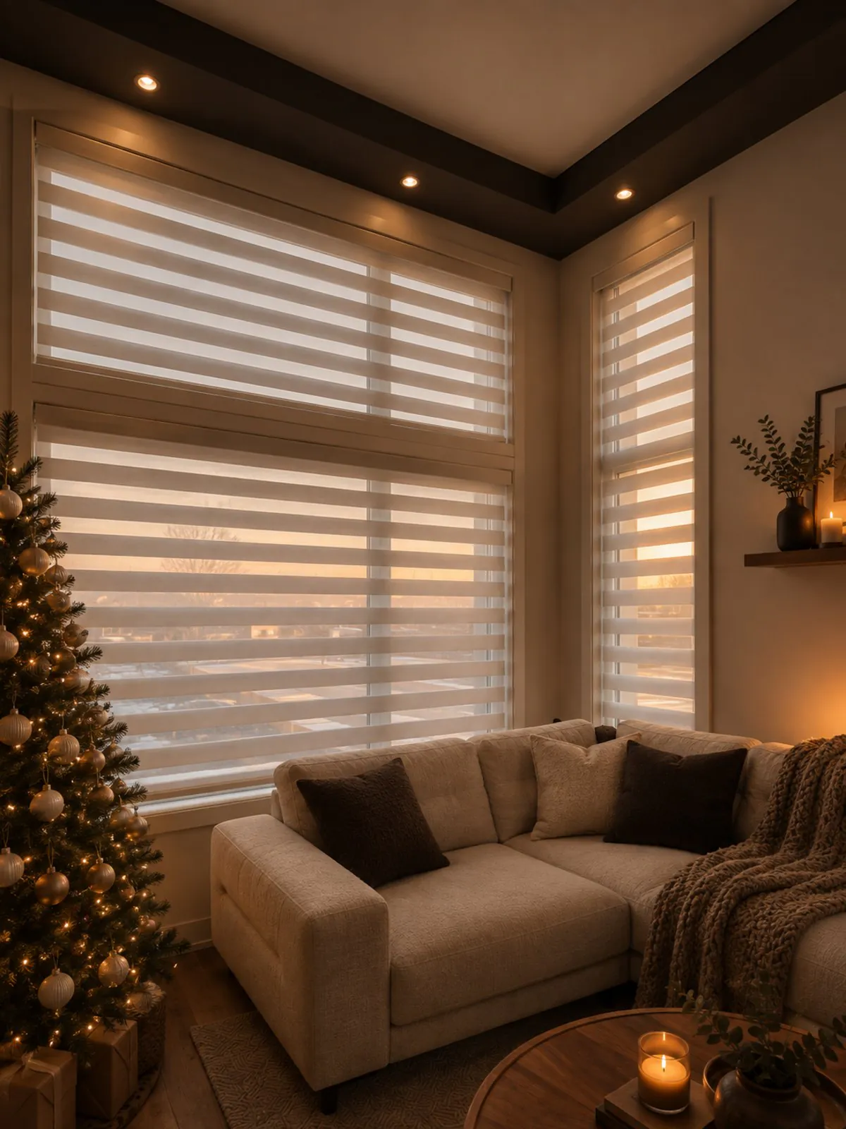 Day and night zebra blinds glowing at dusk in a living room